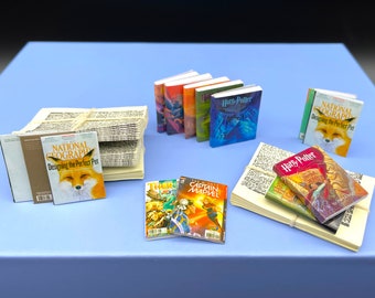 Miniature 7 Harry Potter Books, Stack of Newspaper, National Geographic or Marvel Magazine. 1:12 Scale