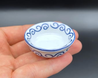 Miniature Bowl. Blue White. Kitchen Cooking. Dollhouse Accessories 1:12 1/6 Scale