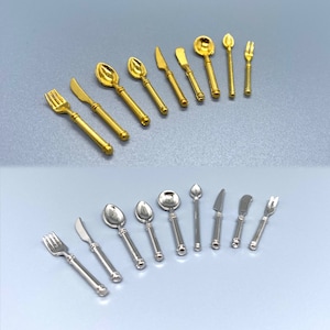 Miniature Cutlery. Silver or Gold. 9 Piece Set. Dollhouse Kitchen Accessories Scale 1:12.