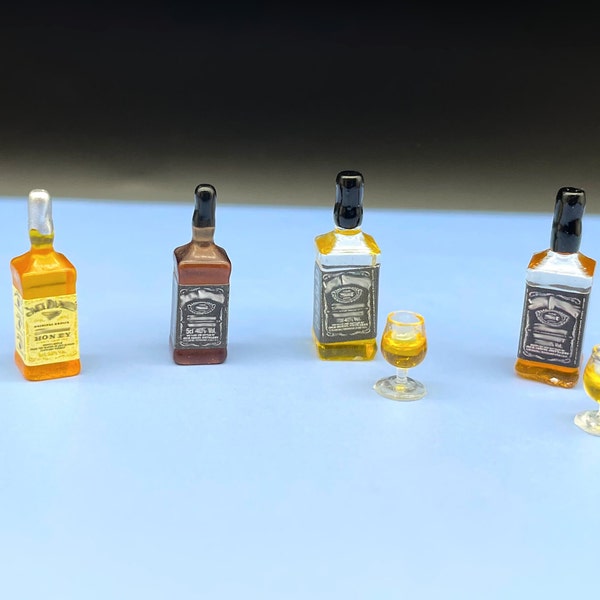 Miniature Whiskey Bottles, Drink Glasses. 1:24 Scale Dollhouse Kitchen Accessories