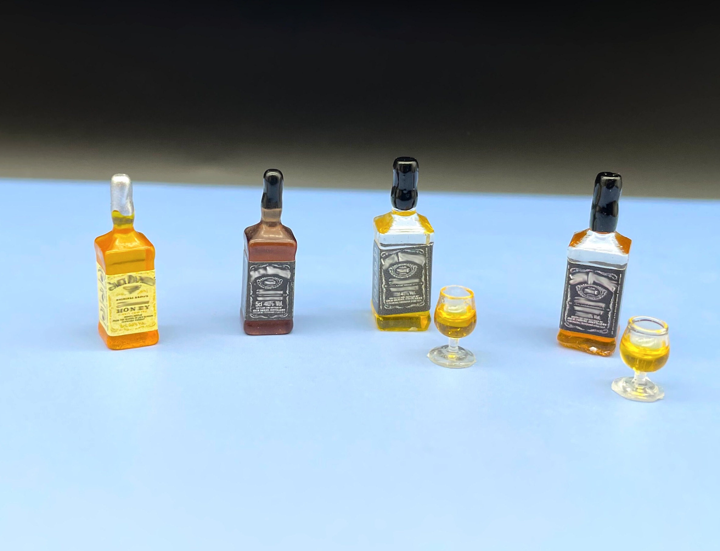 Miniature Whiskey Bottles, Drink Glasses. 1:24 Scale