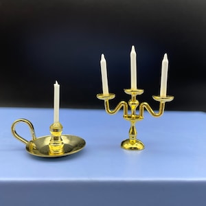 Miniature Gold Candle Holder Candelabra. Dollhouse Accessories. 1:12 Scale