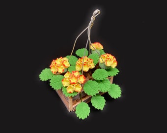 Miniature Hanging Flower in Wooden Basket. Cute Dollhouse Accessories 1:12 Scale