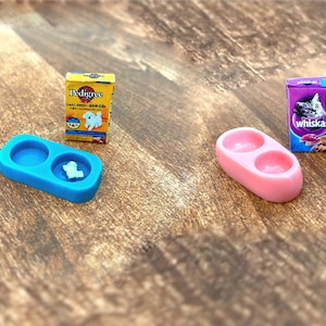 Miniature Dog or Cat Food and Bowl. Dollhouse Accessories. 1:12 Scale