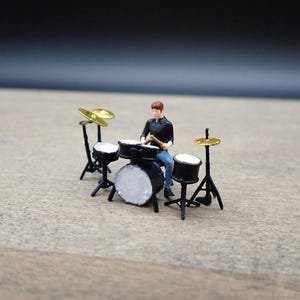 Miniature Drummer and Drum Kit. 8 Pieces. 1:64 Scale Model Figure