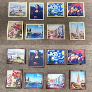 Pinturas al óleo en miniatura en marco dorado o marrón. Accesorios para casas de muñecas a escala 1:12
