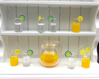 Miniature Orange Juice and Water and Gin & Tonic Glasses. 3 Glasses Set. Drinks with Straws and Lemon / Lime slices. 1:12 Scale