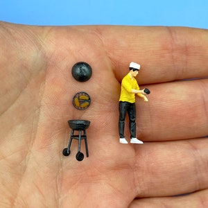 Miniature BBQ Grill and Chef Figures. 1:64 Scale Black Grill + Chef