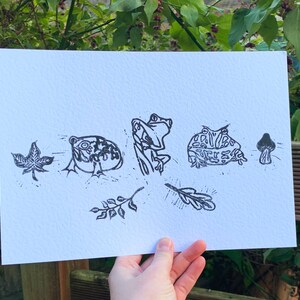 May include: A black and white print of a frog, a mushroom, a leaf, and two sprigs of foliage on a white background.