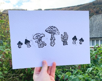 Mushroom Medley - Original Lino Print A4 Unframed Linocut Morel Amanita Chanterelle Mushrooms Forest Floor Hammered Card