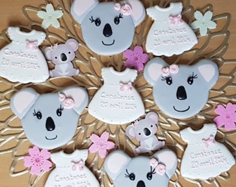 Sablés personnalisés décorés thème Koala et Robes girly roses pour cérémonie, fêtes, baptême, anniversaire et autres...(15 biscuits minimum)