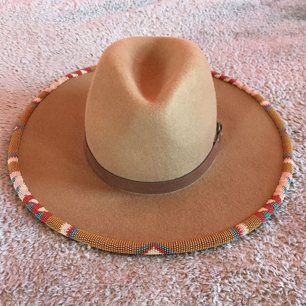 Beaded Wide-Brim Fedora - Tan 100% Wool Hat