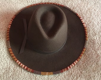 Beaded Wide-Brim Fedora 100% Wool Hat, Southwestern, Brown