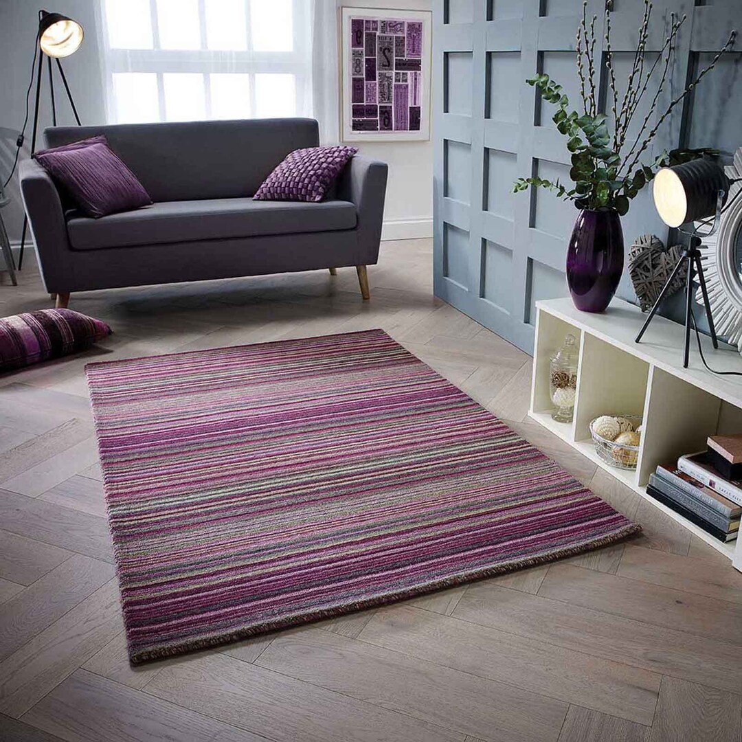 Oriental Carter Luxury Rust Modern Stripe Wool Rug Multi-colour, Living ...