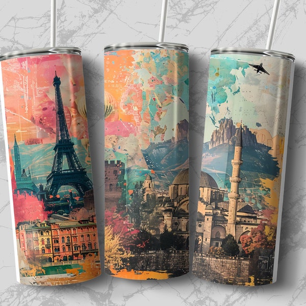 World Travel Tumbler Design, 20 oz Skinny Sublimation, Digital Download, Straight and Tapered, Paris to Italy Hot Air Balloon Wrap