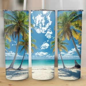 May include: Three stainless steel tumblers with a beach scene featuring palm trees, white sand, and blue water. The tumblers are perfect for enjoying your favorite beverages on the go.
