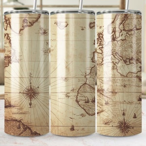 Mapa-múndi vintage, copo fino de 20 oz, design de sublimação, gráfico náutico antigo PNG, download digital, SOMENTE DIGITAL instantâneo