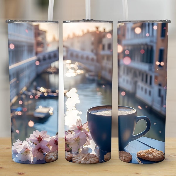 Emballage pour gobelet 20 oz avec vue sur le café du canal de Venise, design fin par sublimation, droit et fuselé, téléchargement numérique