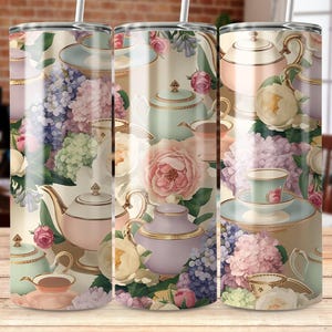 May include: Three stainless steel tumblers with a floral and teacup design. The tumblers feature a variety of pastel colors, including pink, blue, and green. The design includes teacups, teapots, and flowers.