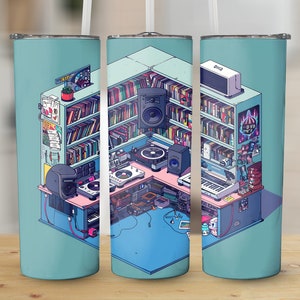 Music Studio Tumbler Design, 20 oz Skinny Sublimation Wrap, DJ Booth and Vinyl Records, Digital Download Tumbler PNG, Straight and Tapered