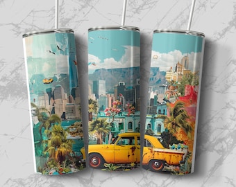 Vibrant Cityscape Skinny Tumbler Design, Digital 20 oz Wrap, Eclectic Urban Tumbler PNG, Taxi and Skyline Sublimation, Straight and Tapered