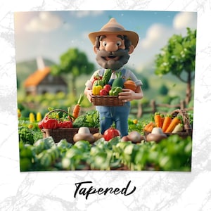 Op de afbeelding: Een cartoon boer met een bruine hoed en een baard houdt een mand met verse groenten vast, waaronder groene paprika's, rode paprika's, wortels en courgettes. De boer staat in een tuin met groene planten en een houten hek op de achtergrond.