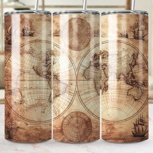 20 oz mager Tumbler sublimatie ontwerp wereldkaart digitale download PNG Instant ALLEEN DIGITALE Vintage nautische Tumbler Wrap