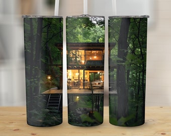 Forest House Scenery 20 oz Skinny Tumbler Wrap, Straight and Tapered Design, Digital PNG Download for Sublimation