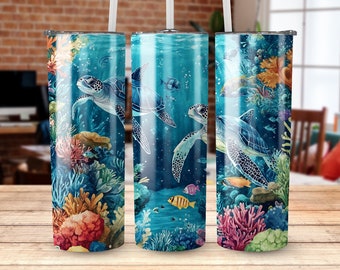 20 oz Skinny Tumbler Sublimation Design, Straight and Tapered Wrap, Sea Turtle Theme, Tumbler Wrap Png, Instant Download