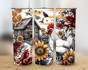 Rooster and Sunflowers 20oz Skinny Tumbler Wrap Digital Download, Farmhouse Floral Chicken Tumbler PNG, High Quality 300 DPI