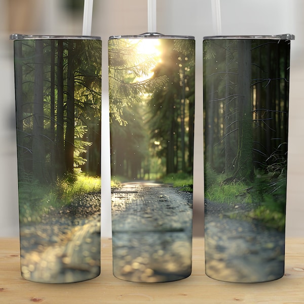 Enchanted Forest Road 20 oz Skinny Tumbler Wrap, Tapered and Straight Sublimation Design, Scenic Woodland Tumbler PNG Download