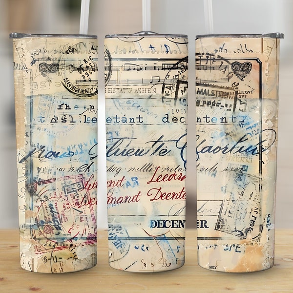 Vintage Travel Stamp 20 oz Skinny Tumbler Design, Tapered and Straight Wrap, Retro Postmark Tumbler PNG, Instant Download for Sublimation