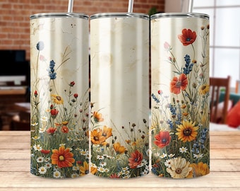 20oz Skinny Tumbler Wrap Design, Floral Tumbler PNG, Digital Download, Wildflower Sublimation, Tumbler Graphics, Printable Tumbler Template
