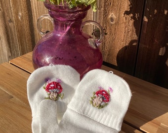 Hand Embroidered Fold Over Mittens - Mushroom Garden