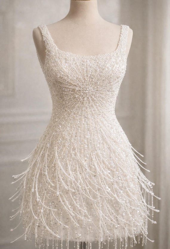 fringe bachelorette dress Luxury Pearl Bridal Mini Dress, Beaded Wedding Reception Dress, Crystal Fringe Dress, Handmade Ivory 35”/89cm size-40 Track Soft Lounge Backless Size:40B