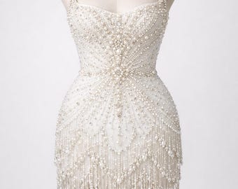 Luxury Pearl Fringe Bridal Mini Dress, Hand Beaded Wedding Reception Dress, Crystal Embellished Short Bridal Outfit
