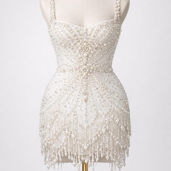 Luxury Pearl Fringe Bridal Mini Dress, Hand Beaded Wedding Reception Dress, Crystal Embellished Short Bridal Outfit