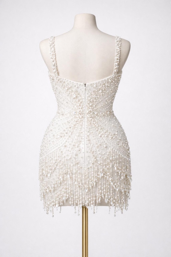 hanging beads for dress Luxury Pearl Fringe Bridal Mini Dress, Hand Beaded Wedding Reception Dress, Crystal Embellished Short Bridal Outfit Size:US 9.5 / EU 40.5 Back-In-Sixty Michael Costello x REVOLVE