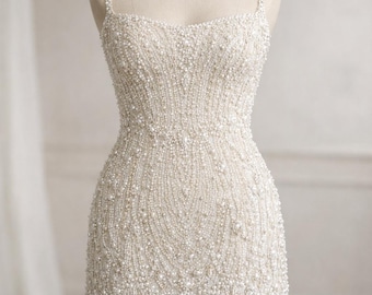 Hand Beaded Bridal Mini Dress, Pearl & Rhinestone Wedding Reception Dress, Sparkly Ivory Bachelorette Dress, Luxury Custom Fit