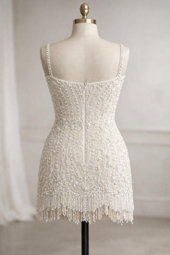 beaded bachelorette dress Hand Bridal Mini Dress, Pearl & Rhinestone Wedding Reception Dress, Sparkly Ivory Dress, Luxury Custom Fit Evening gown