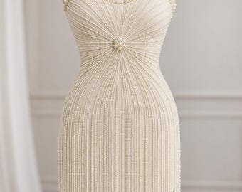 May include: A strapless cream-colored mini dress completely covered in vertical strands of small white pearls. The pearls radiate from a central cluster at the chest, creating a sunburst pattern that extends down to a fringed hemline.