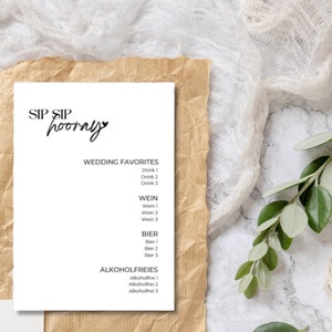 Customizable drinks menu for wedding, birthday, engagement party, housewarming, bachelorette party | Sip Sip Hooray | Canvas template