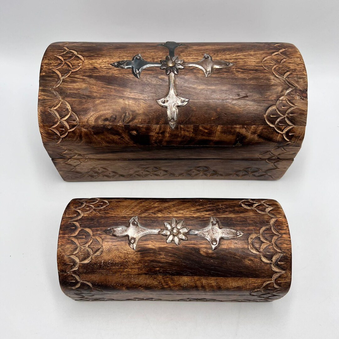 Carved Wood Treasure Chests: Rustic Inlay Jewelry Box Set - Etsy