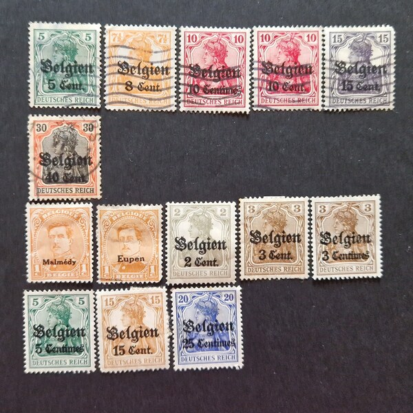 Set of 14 old Belgian stamps - Belgium - after WWI - occupied Belgium by germany