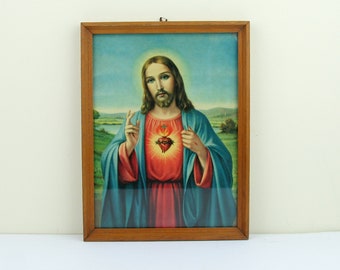 Original print Sacred Heart of Jesus in wooden glass covered  frame