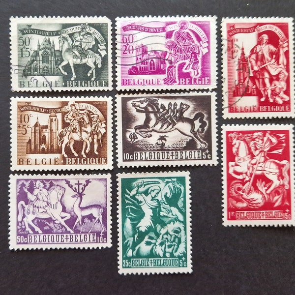 Set of 8 old Belgian stamps - winter help - Belgium