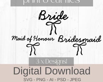 Novia SVG Coquette Bow SVG / Dama de honor SVG / MOH / Despedida de soltera png / Descarga instantánea de arte digital / Para bodas / Dama de honor