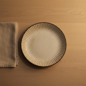 Mino Ware Japanese Ceramic Plate, Hand-Ridged Sendan Design, Beige Gold Details