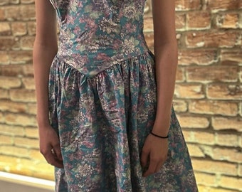 Vtg 80s Laura Ashley Blue Floral Strapless Dress Party Cotton Size 10 Short Mini