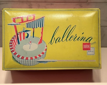 Vintage rare Barton’s Ballerina Continental chocolates Hinged tin Container in pink and yellow cookie tin